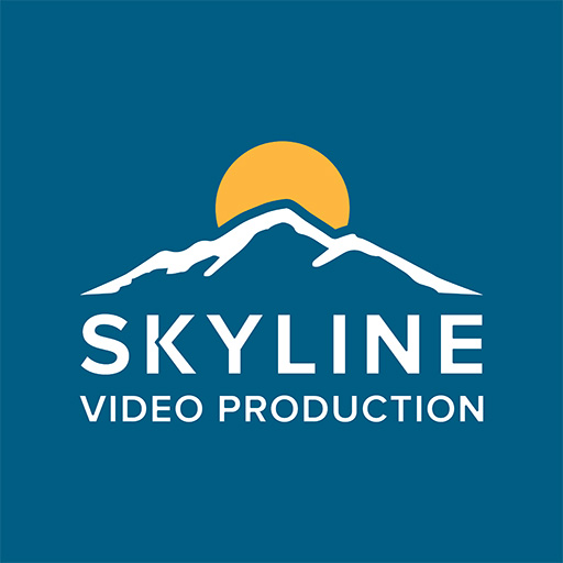 Skyline Video Productions vertically stacked logo yellow and white on blue