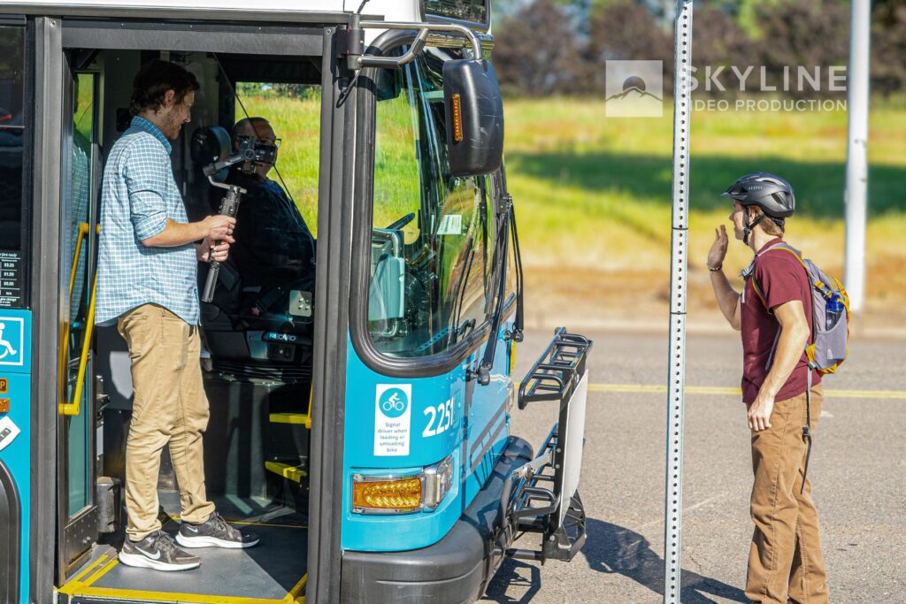 andrew filming and talking to a bus driver on a Cherriots bus in salem oregon